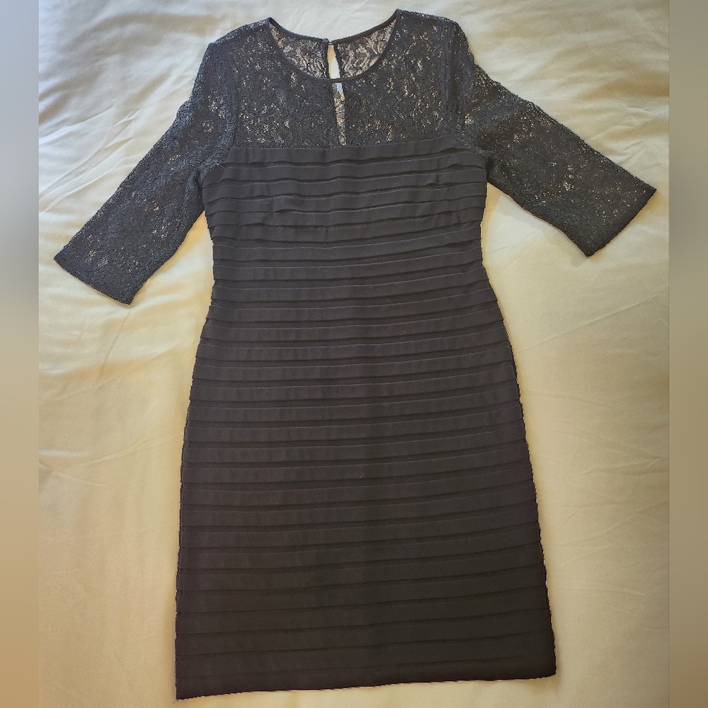 Adrianna Papell Size 14 three-quarter Sleeve Black Lace Zip-up Midi Dress